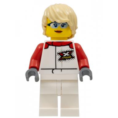 female white and red jumpsuit with xtreme logo tan tousled hair sunglasses and closed mouth grin