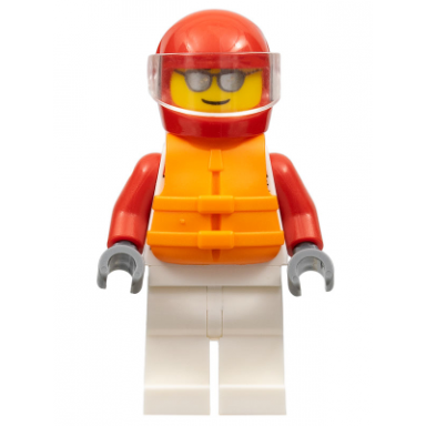 male white and red jumpsuit with xtreme logo red helmet orange life jacket sunglasses