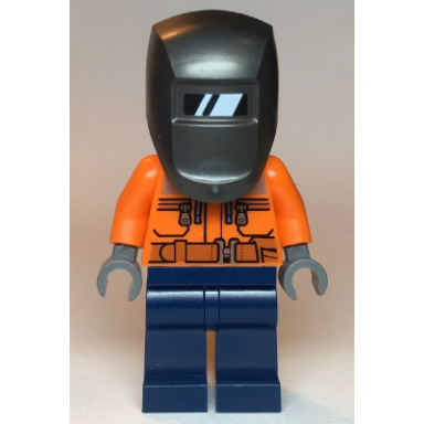 welder - male orange safety jacket reflective stripe sand blue hoodie dark blue legs black helmet pearl dark gray welding visor