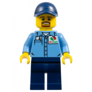 gas station worker - medium blue shirt with octan logo dark blue legs and cap