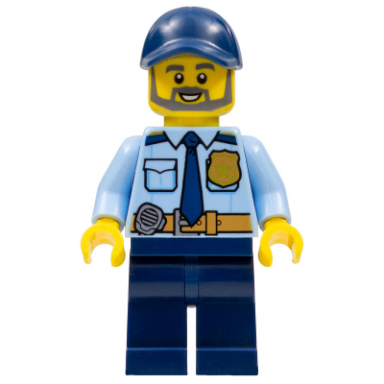 police - city officer shirt with dark blue tie and gold badge dark tan belt with radio dark blue legs dark blue cap full beard