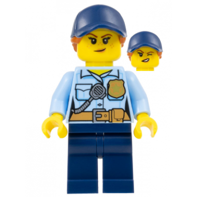 police - city officer female bright light blue shirt with badge and radio dark blue legs dark blue cap with dark orange ponytail freckles
