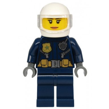 police - city motorcyclist female leather jacket with gold badge and utility belt white helmet trans-clear visor peach lips