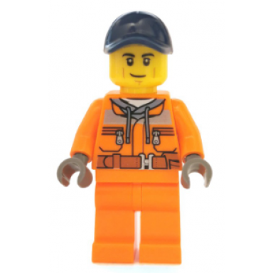street sweeper operator - male orange safety jacket reflective stripe sand blue hoodie orange legs dark blue cap with hole smirk