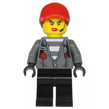 police - jail prisoner jacket over prison stripes female black legs red cap with ponytail