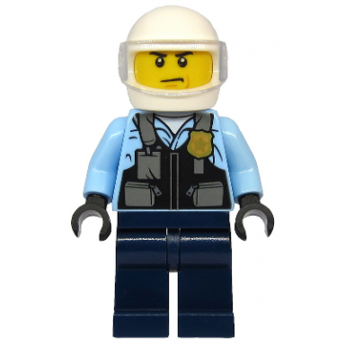 police - city motorcyclist safety vest with police badge dark blue legs white helmet trans-clear visor