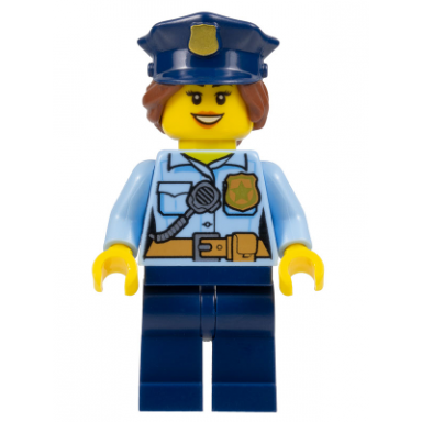 police - city officer female bright light blue shirt with badge and radio dark blue legs dark blue police hat