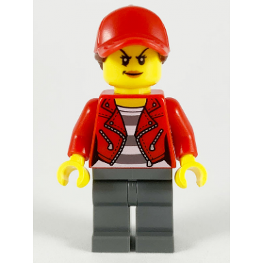 police - city bandit crook red jacket red ball cap with reddish brown ponytail dark bluish gray legs
