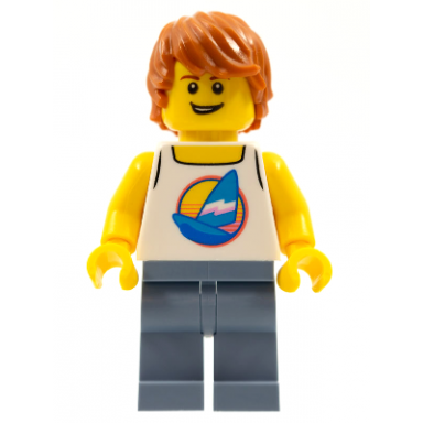 surfer - male white tank top with dark azure sailboat sand blue legs dark orange tousled hair