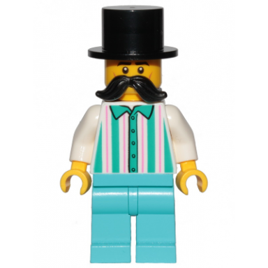 fairground employee male - black top hat moustache white shirt with stripes medium azure legs