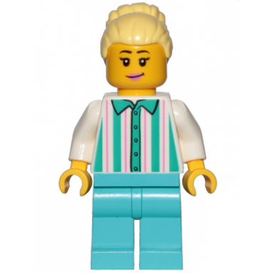 fairground employee female - bright light yellow hair with high bun white shirt with stripes medium azure legs