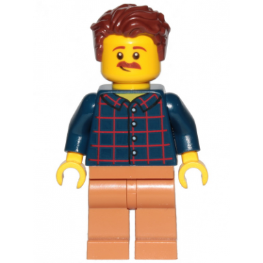 dad - dark blue plaid button shirt medium nougat legs reddish brown hair swept left tousled