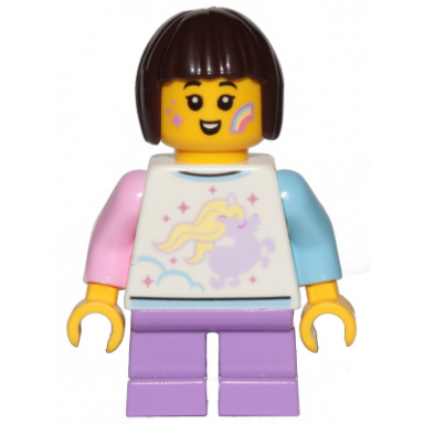 child - girl white shirt with unicorn medium lavender short legs dark brown bob cut hair rainbow on cheek