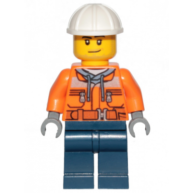 construction worker - male orange safety jacket reflective stripe sand blue hoodie dark blue legs white construction helmet stubble