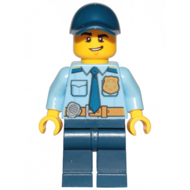 police - city officer shirt with dark blue tie and gold badge dark tan belt with radio dark blue legs dark blue cap lopsided grin