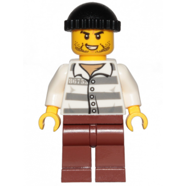police - jail prisoner 86753 prison stripes black knit cap reddish brown legs beard stubble and lopsided grin