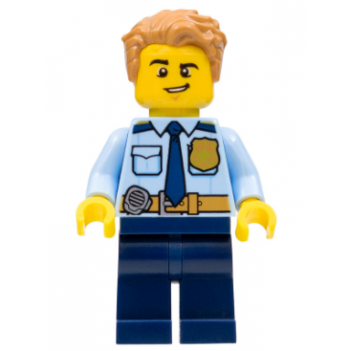 police - city officer shirt with dark blue tie and gold badge dark tan belt with radio dark blue legs medium nougat tousled hair