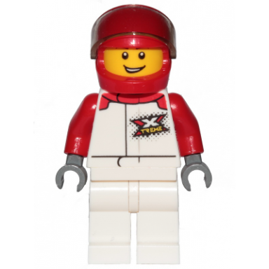race car driver - male white and red jumpsuit with xtreme logo white legs red helmet