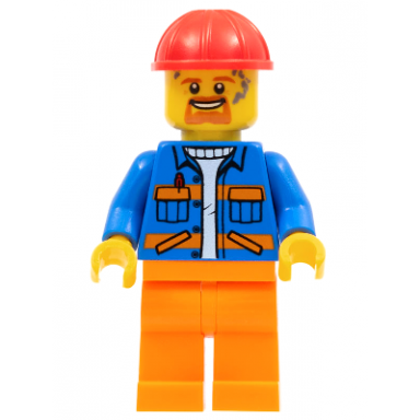 blue jacket with diagonal lower pockets and orange stripes orange legs red construction helmet