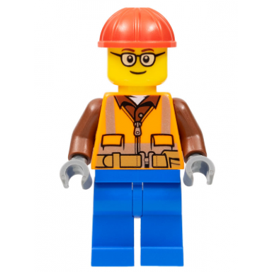 construction worker - male orange safety vest reflective stripes reddish brown shirt blue legs red construction helmet glasses