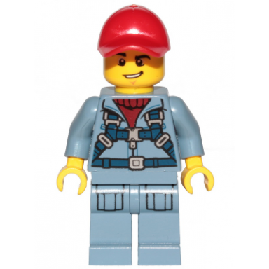 ocean mini-submarine pilot - male harness sand blue legs with pockets red cap lopsided grin