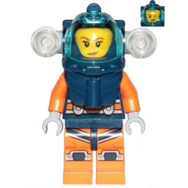 deep sea diver - female dark blue helmet side lamps smirk left eye squinted