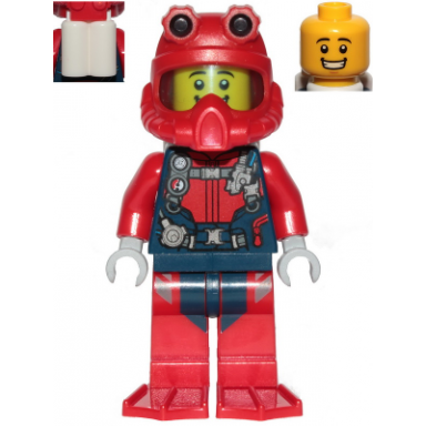 scuba diver - male open mouth smile red helmet white air tanks red flippers