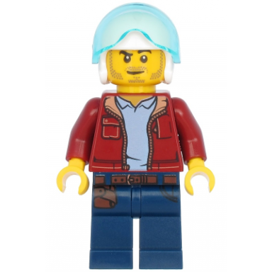 man dark red jacket with bright light blue shirt dark blue legs with belt white flight helmet trans-light blue flight visor stubble helicopter pilot