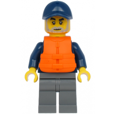 deep sea explorers boat captain - dark blue turtleneck sweater and cap dark bluish gray legs life jacket