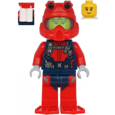 scuba diver - female peach lips smile red helmet white air tanks red flippers