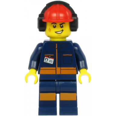 airport flagger - male dark blue jumpsuit with orange stripes red construction helmet with black ear protectors headphones