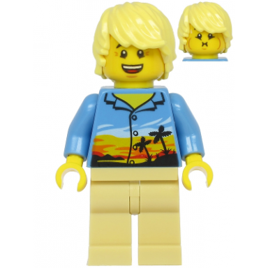 plane passenger - male bright light yellow hair medium blue hawaiian shirt tan legs