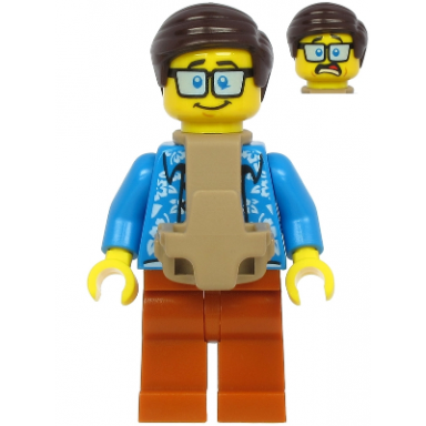 plane passenger - male dark brown hair dark azure hawaiian shirt dark orange legs baby carrier