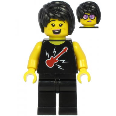 plane passenger - female black hair black sleeveless top with red guitar black legs