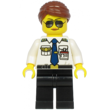 pilot - female reddish brown hair white shirt with dark blue tie black legs