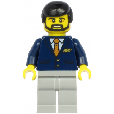 steward - male black hair dark blue suit with striped tie light bluish gray legs
