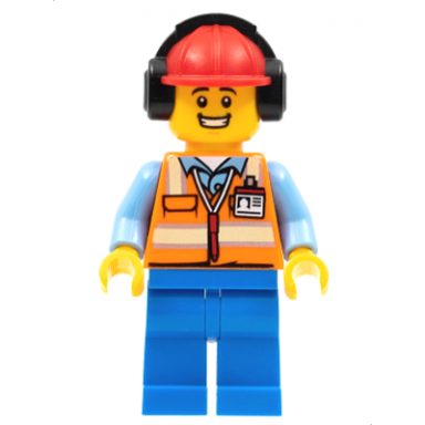 ground crew - male orange safety vest with reflective stripes blue legs red construction helmet with black ear protectors headphones
