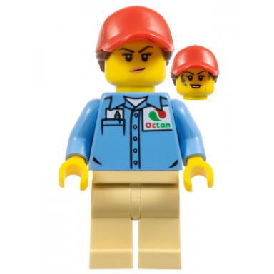 ground crew - female medium blue shirt with octan logo tan legs red ball cap with reddish brown ponytail