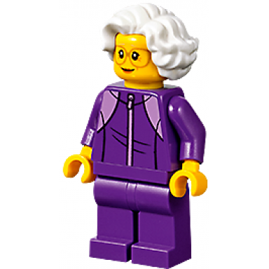 plane passenger - grandmother dark purple tracksuit white wavy hair glasses