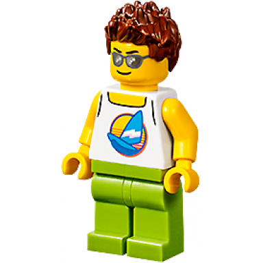 plane passenger - male white tank top with dark azure sailboat lime legs reddish brown hair spiked