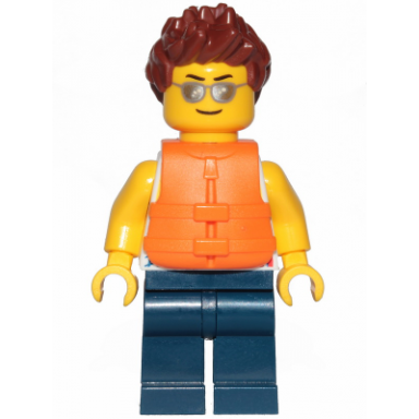 tank top with surfer silhouette dark blue legs reddish brown hair spiked life jacket 2 straps silver sunglasses