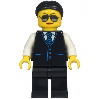 limousine driver - female black vest with blue striped tie black legs black hair sunglasses and peach lips