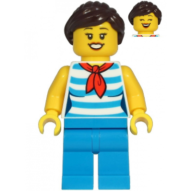 diner employee - female dark azure and white striped shirt with red scarf dark azure legs dark brown ponytail