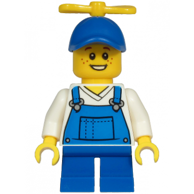 child - boy blue overalls over v-neck shirt blue short legs blue cap with yellow tiny propeller freckles billy mccloud