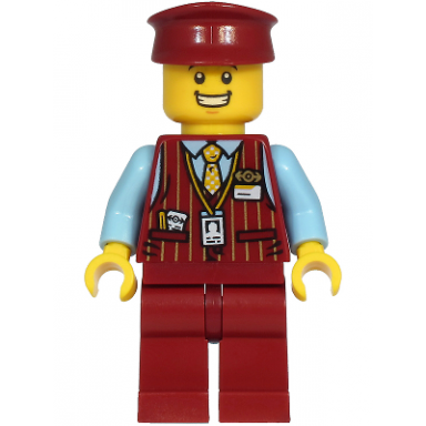 tram driver - male dark red vest bright light blue shirt dark red legs dark red hat