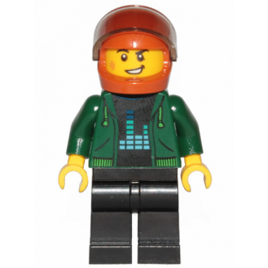 detective - male dark green hoodie black legs dark orange helmet trans-brown visor