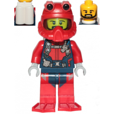 scuba diver - male open mouth black beard red helmet white air tanks red flippers