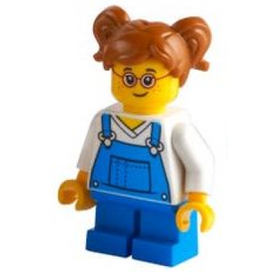 child - girl blue overalls over v-neck shirt blue short legs dark orange hair with pigtails glasses freckles