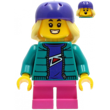 child - girl dark turquoise jacket over dark purple shirt dark pink short legs dark purple bicycle helmet with bright light yellow hair