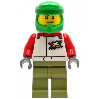wheelchair athlete - male white jacket with xtreme logo olive green legs bright green dirt bike helmet